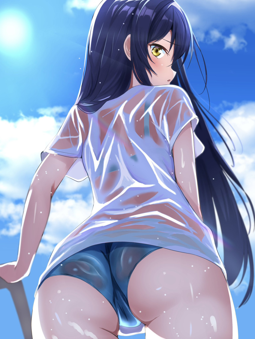 1girl ass bikini blue_hair blush borgbutler cloud cloudy_sky cowboy_shot highres holding long_hair looking_at_viewer looking_back love_live! love_live!_school_idol_project open_mouth outdoors shirt skirt sky solo sonoda_umi swimsuit wet wet_clothes wet_shirt yellow_eyes