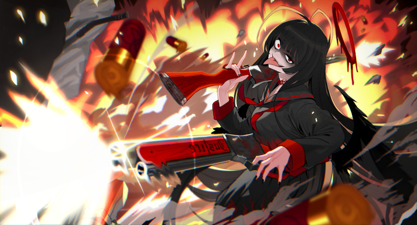 1girl absurdres black_hair black_shirt black_skirt black_wings blue_archive blue_sailor_collar explosion feathered_wings firing gun halo highres holding holding_gun holding_weapon long_sleeves open_mouth pleated_skirt red_eyes red_ribbon ribbon sailor_collar shirt shotgun skirt smile solo tongue tongue_out tsurugi_(blue_archive) weapon wings zanya_000