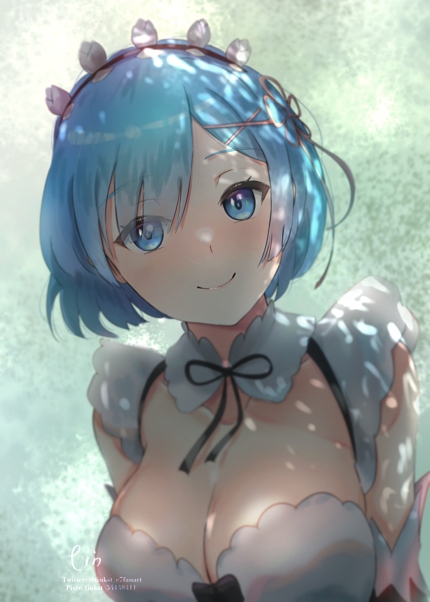 1girl absurdres blue_eyes blue_hair blurry blush breasts cleavage commentary dappled_sunlight depth_of_field detached_sleeves english_commentary eyes_visible_through_hair frilled_sleeves frills hair_ornament hair_over_one_eye hair_ribbon highres large_breasts looking_at_viewer maid maid_headdress outdoors pink_ribbon re:zero_kara_hajimeru_isekai_seikatsu rem_(re:zero) ribbon roswaal_mansion_maid_uniform short_hair smile solo sunlight tinkst x_hair_ornament