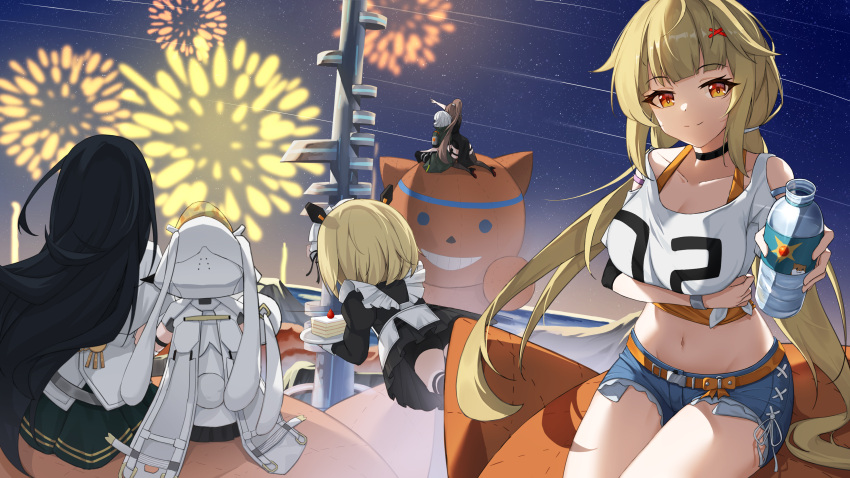 6+girls absurdres aerial_fireworks animal_ears belt black_choker black_hair blonde_hair blue_shorts bottle breast_hold breasts choker clothing_cutout crop_top cutoffs dai_mao_xuan_yi denim denim_shorts exposed_pocket fake_animal_ears fireworks front-tie_top highres holding huma_(tower_of_fantasy) large_breasts lin_(tower_of_fantasy) long_hair looking_at_viewer low_twintails maid mi-a_(tower_of_fantasy) midriff multiple_girls navel orange_eyes rabbit_ears ruby_(tower_of_fantasy) samir_(tower_of_fantasy) shirli_(tower_of_fantasy) shirt short_shorts shorts shoulder_cutout sitting smile stomach thighs tower tower_of_fantasy twintails undershirt very_long_hair white_shirt