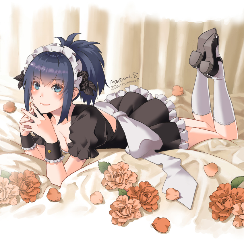 apron bed_sheet black_footwear blue_eyes blue_hair dog_tags flower highres information_sheet interlocked_fingers leona_heidern lying maid maid_headdress on_bed on_stomach petals ponytail ribbon sakura_mafumi shoe_soles snk snk_heroines:_tag_team_frenzy socks tank_top the_king_of_fighters the_pose white_apron white_socks