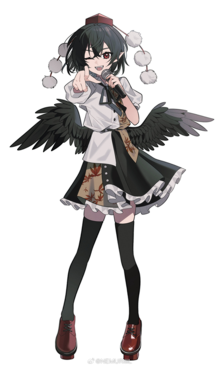 1girl bird_wings black_hair black_skirt black_thighhighs black_wings collared_shirt feathered_wings frilled_skirt frills geta hair_between_eyes hat highres holding holding_microphone kiliko-san looking_at_viewer microphone one_eye_closed open_mouth pointing pointing_at_viewer pointy_ears pom_pom_(clothes) puffy_short_sleeves puffy_sleeves red_eyes red_footwear red_headwear shameimaru_aya shirt short_hair short_sleeves simple_background skirt smile solo tengu-geta thighhighs tokin_hat touhou white_background white_shirt wings