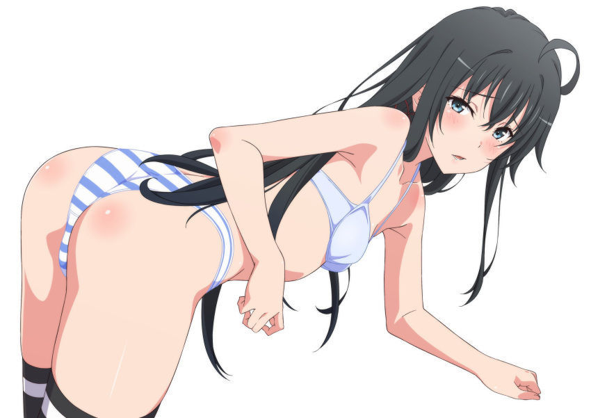 1girl ahoge arm_support ass black_hair black_thighhighs blue_bra blue_eyes blue_panties blush bra collarbone highres leaning_forward long_hair looking_at_viewer looking_back panties parted_lips shou937 simple_background solo striped striped_panties thighhighs thighs underwear white_background white_panties yahari_ore_no_seishun_lovecome_wa_machigatteiru. yukinoshita_yukino