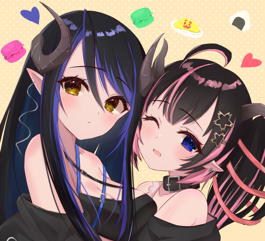 2girls absurdres ahoge bandeau belt belt_collar black_bandeau black_belt black_hair black_jacket blue_belt blue_eyes blue_hair blush breasts brown_eyes chest_belt cleavage collar commentary_request curled_horns demon_girl demon_horns earrings expressionless flower food grey_horns hair_between_eyes hair_flower hair_ornament hair_ribbon heart hebiyoi_tier highres horns jacket jewelry large_breasts long_bangs long_hair looking_at_viewer macaron medium_bangs multicolored_hair multiple_girls nanashi_inc. off_shoulder oinomori_may omelet omurice one_eye_closed one_side_up onigiri open_mouth pink_hair pink_ribbon pointy_ears ribbon sairenji_(o70at) sidelocks single_earring snake_bite two-tone_hair upper_body virtual_youtuber yellow_background