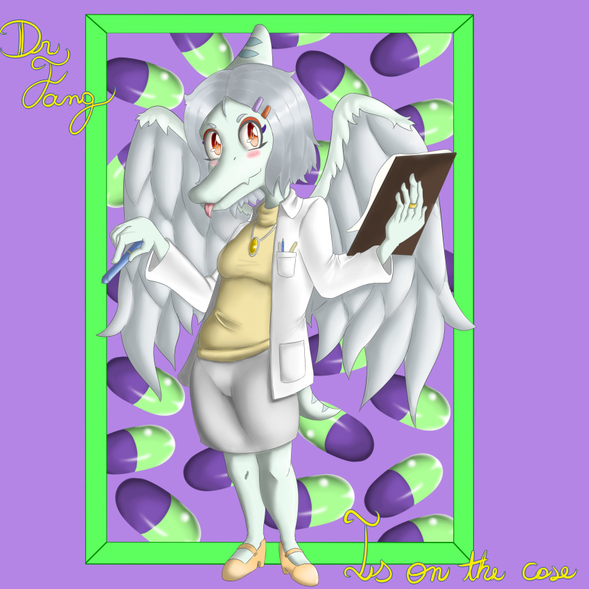 2023 absurd_res amber_eyes anthro badfidhell blush bottomwear breasts clipboard clothing cursive dialogue digit_ring digital_drawing_(artwork) digital_media_(artwork) dinosaur doctor doctor's_coat english_text eyelashes eyeliner fang_(gvh) feathered_wings feathers female fingers footwear goodbye_volcano_high grey_body grey_scales hair hi_res high_heels jewelry looking_at_viewer makeup necklace pen pterodactylus pterosaur reptile ring scales scalie short_hair short_tail silver_hair simple_background skirt smile snoot_game snout solo tail text tongue tongue_out wedding_ring wings