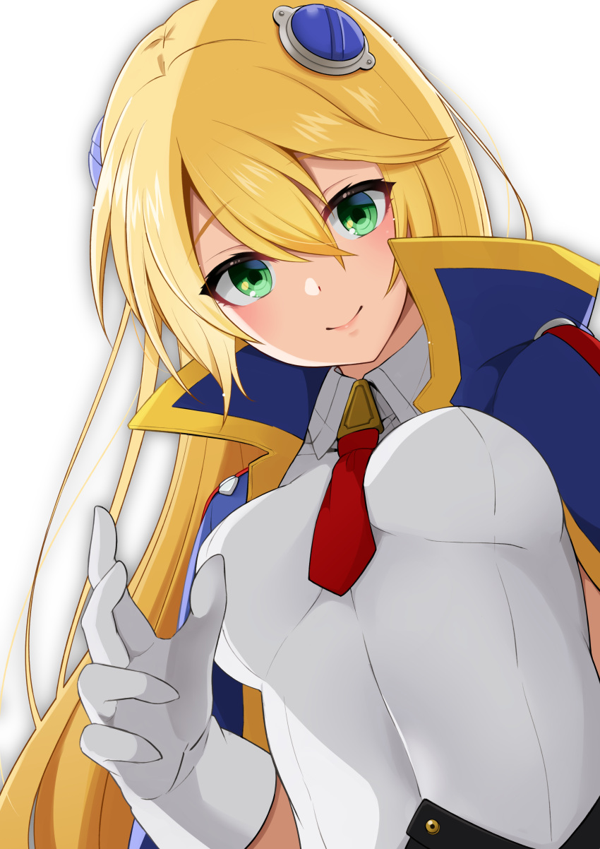 1girl absurdres blazblue blonde_hair blue_capelet breasts capelet cropped_shirt drawika02 from_below gloves gold_trim green_eyes hair_between_eyes hair_ornament hand_up highres impossible_clothes impossible_shirt long_hair looking_down medium_breasts noel_vermillion popped_collar red_ribbon ribbon shadow shirt sidelighting simple_background smile solo upper_body white_background white_gloves white_shirt