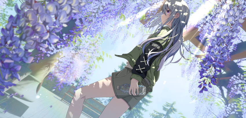 1girl absurdres blue_flower blurry blurry_foreground cac_itinose commentary_request depth_of_field feet_out_of_frame flower green_jacket grey_hair grey_shorts hair_between_eyes highres jacket layered_sleeves long_hair long_sleeves looking_at_viewer looking_to_the_side open_clothes open_jacket original profile purple_eyes short_over_long_sleeves short_shorts short_sleeves shorts solo standing very_long_hair wisteria