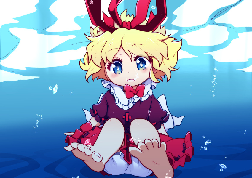 1girl absurdres ass barefoot blonde_hair bloomers blue_eyes bow bubble_skirt feet frilled_shirt_collar frills hair_bow hair_ribbon highres kanisawa_yuuki legs medicine_melancholy puffy_short_sleeves puffy_sleeves ribbon shirt short_hair short_sleeves skirt solo toes touhou underwater underwear water wavy_hair