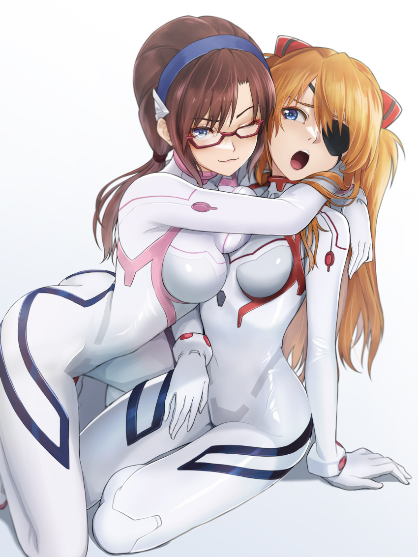 2girls :3 :o ass blue_eyes bodysuit breasts commentary_request evangelion:_3.0+1.0_thrice_upon_a_time eyepatch glasses hair_ornament hairband highres hug interface_headset ivuki large_breasts long_hair makinami_mari_illustrious medium_breasts multiple_girls neon_genesis_evangelion official_alternate_costume orange_hair pilot_suit plugsuit rebuild_of_evangelion red-framed_eyewear simple_background skin_tight smile souryuu_asuka_langley twintails white_bodysuit yuri