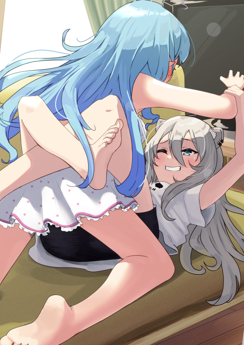 2girls aged_down ahoge alternate_costume animal_ear_fluff animal_ears arm_grab bare_arms bare_legs barefoot black_shorts blue_eyes blue_hair blush dress ear_blush ear_piercing elf frilled_dress frills girl_on_top grey_hair grin hair_between_eyes heart heart_ahoge highres hololive indoors leg_lock lion_ears lion_girl long_hair lying multiple_girls on_back on_floor one_eye_closed open_mouth piercing pointy_ears polka_dot polka_dot_dress print_shirt shirt shishiro_botan shishiro_botan_(2nd_costume) short_dress shorts sleeveless sleeveless_dress smile taachika teeth television tickling virtual_youtuber white_dress white_shirt yukihana_lamy