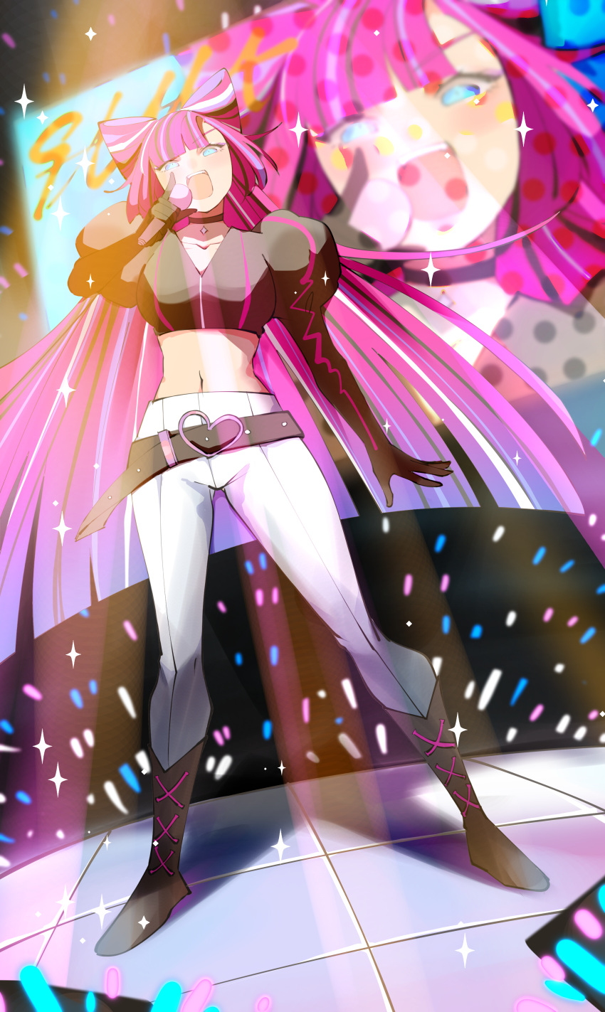 absurdres belt blue_eyes bow concert cookie_run glowstick h225097063 hair_bow happy highres humanization long_hair multicolored_hair navel open_mouth pants personification pink_hair pointing pointing_at_viewer purple_hair shining_glitter_cookie smile stage stomach two-tone_hair very_long_hair white_pants