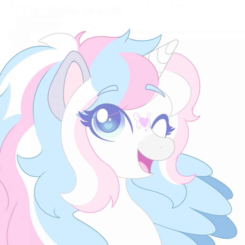 &lt;3 1:1 2021 blue_eyes blue_mane digital_drawing_(artwork) digital_media_(artwork) ears_up equid equine eyebrows facial_markings female feral hasbro head_markings hi_res horn looking_at_viewer mammal mane markings mlp_g3 my_little_pony one_eye_closed open_mouth pastel_(artwork) pegasus pink_mane raised_eyebrow redjasper solo solo_focus star_catcher_(pre-g4) traditional_media_(artwork) white_body white_mane wings wink