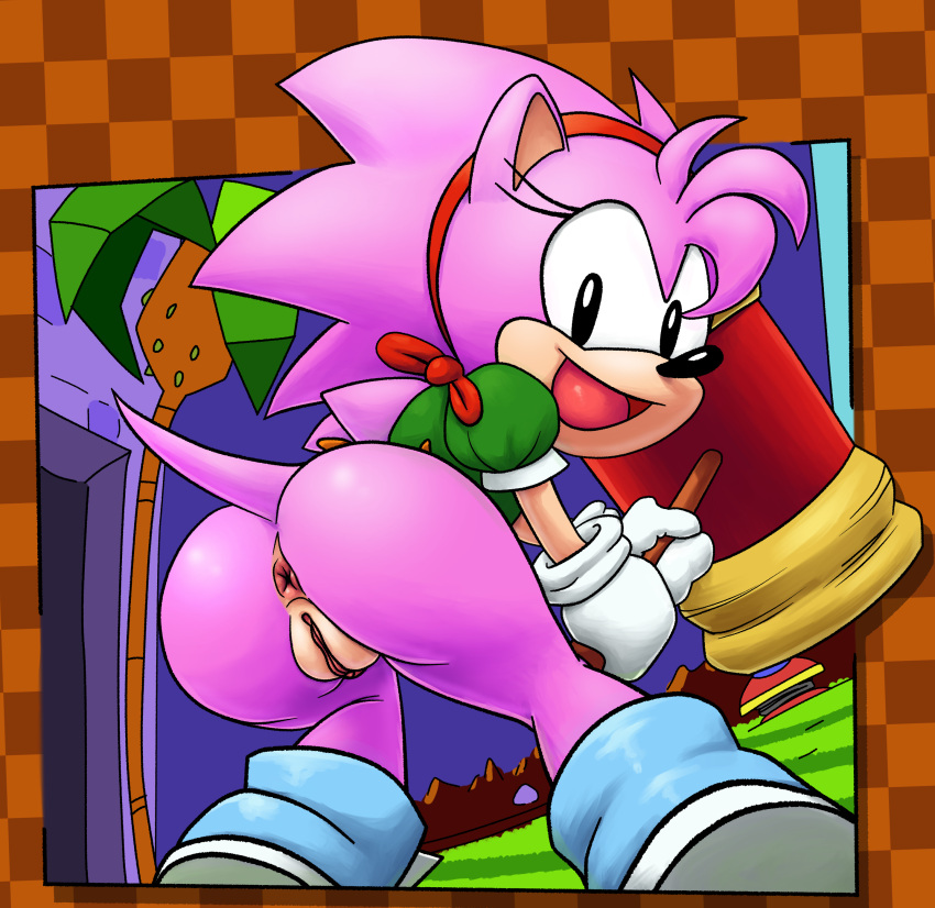 2023 absurd_res amy_rose anthro anus bottomless butt classic_amy_rose classic_sonic_(universe) clothed clothing collaboration eulipotyphlan female genitals hair hammer hedgehog hi_res holding_hammer holding_object holding_tool looking_at_viewer looking_back looking_back_at_viewer mammal multicolored_body ninoeros open_mouth open_smile pink_body pink_hair pussy sega smile smiling_at_viewer solo sonic_the_hedgehog_(series) sr tan_body tools two_tone_body