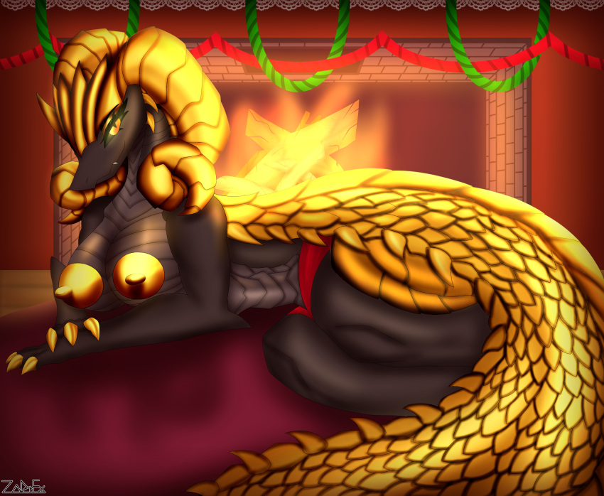 anthro areola bedroom_eyes big_breasts big_butt breasts brick_wall building butt capcom carpet christmas claws clothed clothing crossed_arms crossed_legs curvy_figure detailed_background digital_media_(artwork) dragon elder_dragon female fireplace glistening glistening_body gold_(metal) hi_res holidays horn house huge_breasts inside inviting kulve_taroth looking_at_viewer lying makeup mammal monster_hunter muscular narrowed_eyes nipples non-mammal_breasts nude out_of_frame partially_clothed scales scalie seductive shadow smile solo tail teeth thick_thighs tongue voluptuous wall_(structure) wide_hips yellow_eyes yellow_horn zadrex
