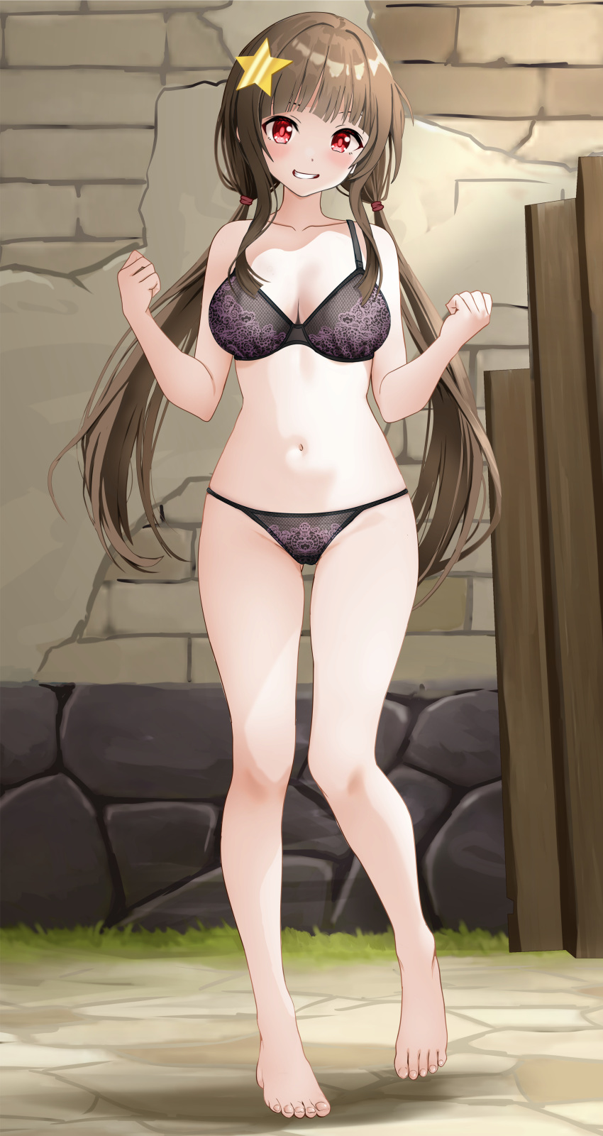 1girl absurdres aged_up ass_visible_through_thighs bare_arms bare_legs barefoot black_bra black_panties blunt_bangs blunt_ends blush bra breasts brown_hair cleavage clenched_hands collarbone colored_eyelashes commentary commission curvy day eyebrows_hidden_by_hair full_body gibun_(sozoshu) grin groin hair_ornament hands_up happy highres komekko kono_subarashii_sekai_ni_shukufuku_wo! long_hair looking_at_viewer low_twintails medium_breasts navel outdoors panties red_eyes sidelighting sidelocks smile solo standing star_(symbol) star_hair_ornament stomach tachi-e thighs toenails toes twintails underwear underwear_only variant_set very_long_hair w_arms