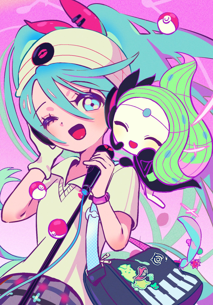 1girl bag beanie blue_eyes blue_hair bracelet closed_eyes collared_shirt gloves grey_skirt hair_between_eyes hair_ribbon hand_on_headphones hands_up hat hatsune_miku headphones highres holding holding_microphone_stand jewelry long_hair meloetta meloetta_(aria) microphone_stand musical_note one_eye_closed open_mouth phaysungyen piano_print pink_background plaid plaid_skirt poke_ball poke_ball_(basic) pokemon pokemon_(creature) polo_shirt project_voltage psychic_miku_(project_voltage) red_ribbon ribbon shirt short_sleeves shoulder_bag single_glove skirt smile solo twintails very_long_hair vocaloid white_gloves white_headwear white_shirt