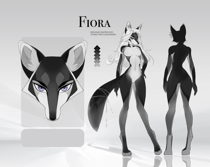 2023 anthro artist_name black_body black_nose breasts butt canid dated featureless_breasts featureless_crotch female fiora_(ruxandra) front_view glistening glistening_eyes grey_body hair hi_res inner_ear_fluff long_hair looking_at_viewer mammal model_sheet mouth_closed nude purple_eyes rear_view reflection solo standing tuft unknowhiter white_body white_hair white_inner_ear_fluff