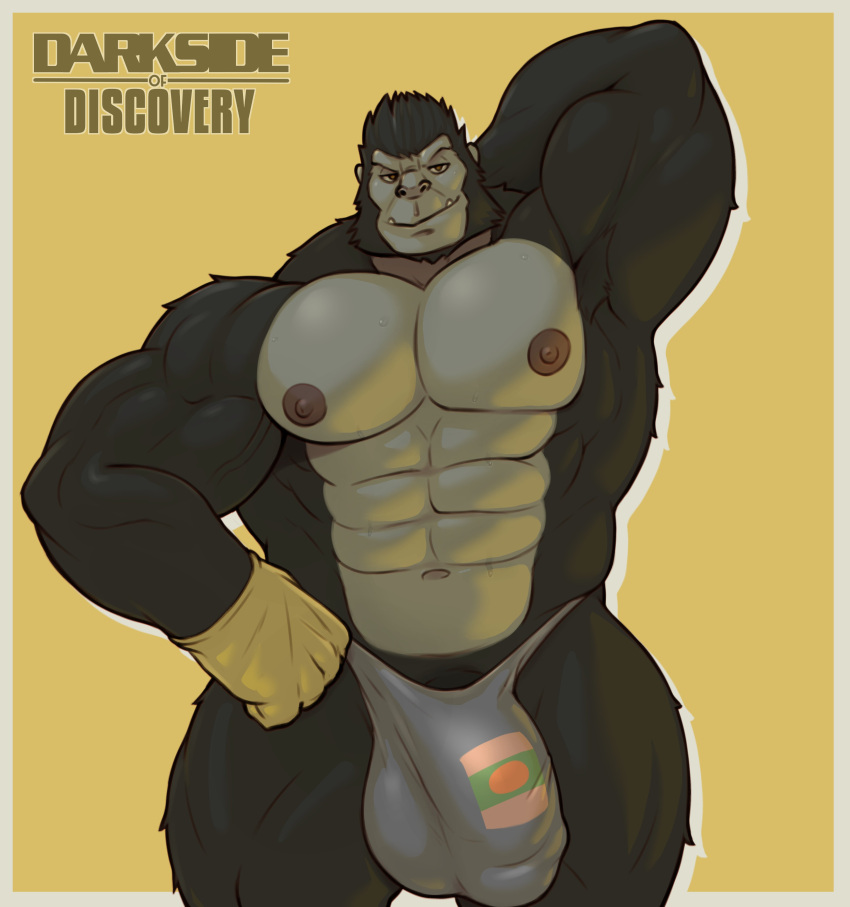 2023 abs absurd_res anthro ape areola balls_outline barazoku biceps big_bulge big_muscles biped border bulge clothed clothing darksideofdiscovery detailed_bulge digital_media_(artwork) eyebrows fur genital_outline genitals gorilla haplorhine hi_res male mammal muscular muscular_anthro muscular_male muscular_thighs navel nipples pecs penis penis_base penis_outline pinup pose primate quads smile solo standing thick_thighs thong thong_only topless underwear underwear_only white_border