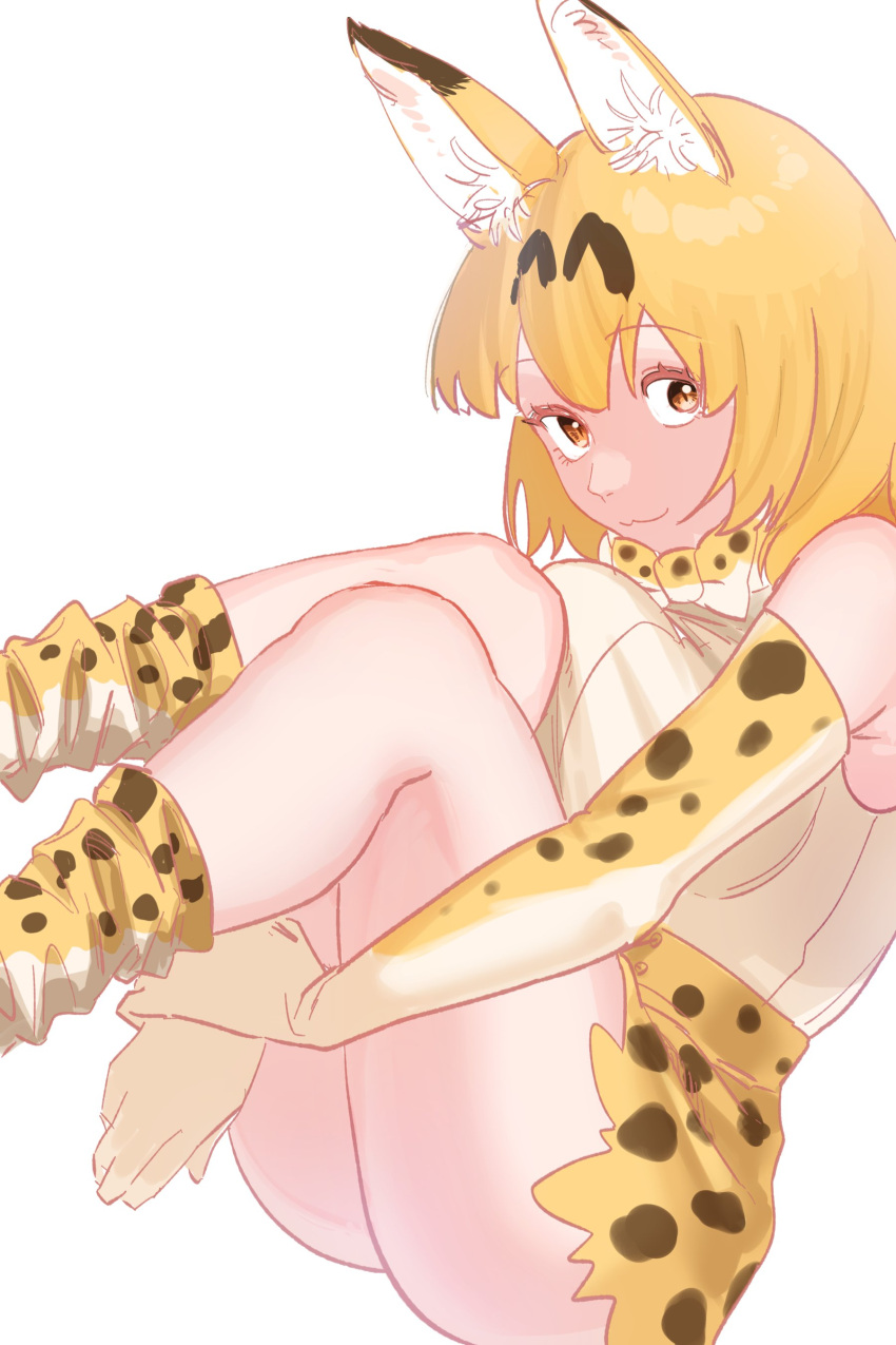 1girl :3 absurdres animal_ears bare_shoulders blonde_hair cat_ears cat_girl cat_tail elbow_gloves gloves good_thighs_day hair_between_eyes high-waist_skirt highres kemono_friends looking_at_viewer loose_socks multicolored_hair print_gloves print_skirt print_socks serval_(kemono_friends) serval_print shirt shiso_(sticky_shiso) short_hair sidelocks skirt sleeveless socks solo tail white_shirt yellow_eyes