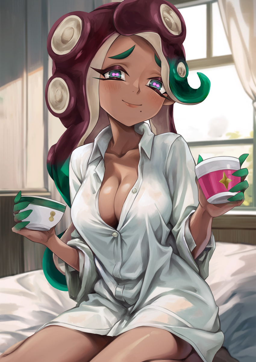 1girl asymmetrical_hair bed blush bottomless breasts brown_hair buttons cephalopod_eyes cleavage collarbone colored_skin cup curtains dark-skinned_female dark_skin day furrowed_brow green_eyes green_hair green_skin hands_up head_tilt highres holding holding_cup indoors jajanome lips long_eyelashes long_hair looking_at_viewer marina_(splatoon) mole mole_under_mouth multicolored_skin naked_shirt octarian on_bed partially_unbuttoned pink_pupils shirt sitting smile solo splatoon_(series) splatoon_2 suction_cups tentacle_hair very_long_hair white_shirt window