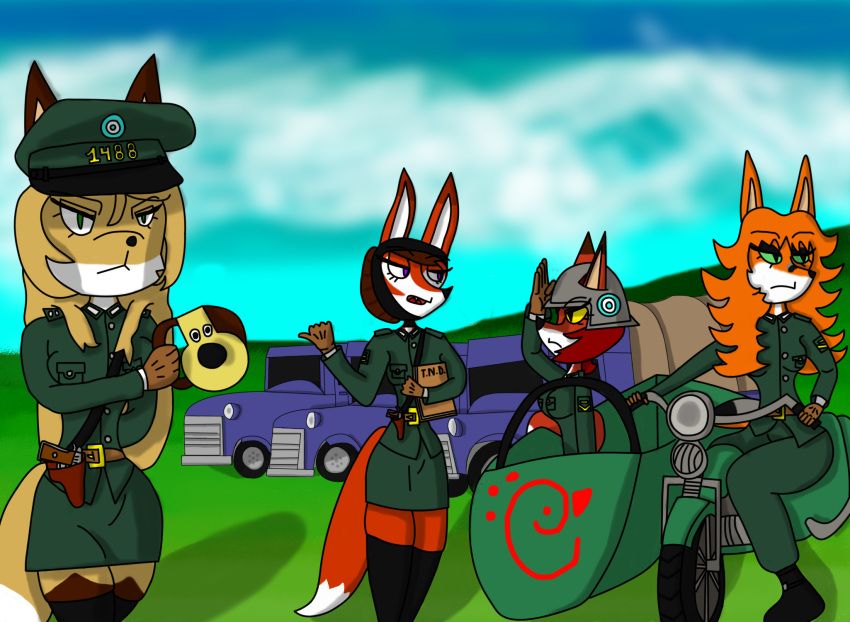 anthro averi_(fiddleafox) brown_body brown_fur canid canine chick-fil-a clothing detailed_background dipstick_tail female female_anthro fox fur gloves_(marking) green_clothing green_eyes gromit_mug group gun hair hat headgear headwear hi_res leg_markings mammal markings motorcycle ranged_weapon sky socks_(marking) standing tagme tail tail_markings truck unknown_artist unknown_character vehicle weapon white_body white_fur