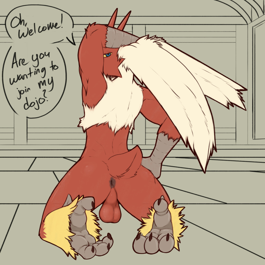 2023 anthro anus arkailart avian backsack balls biped blaziken blue_eyes claws colored dialogue dialogue_box english_text fur generation_3_pokemon genitals hair hi_res looking_at_viewer looking_back looking_back_at_viewer male nintendo nude pokemon pokemon_(species) rear_view red_balls red_body red_fur red_tail scuted_arms scutes solo speech_bubble tail tail_tuft talons text toe_claws tuft white_body white_fur white_hair yellow_sclera