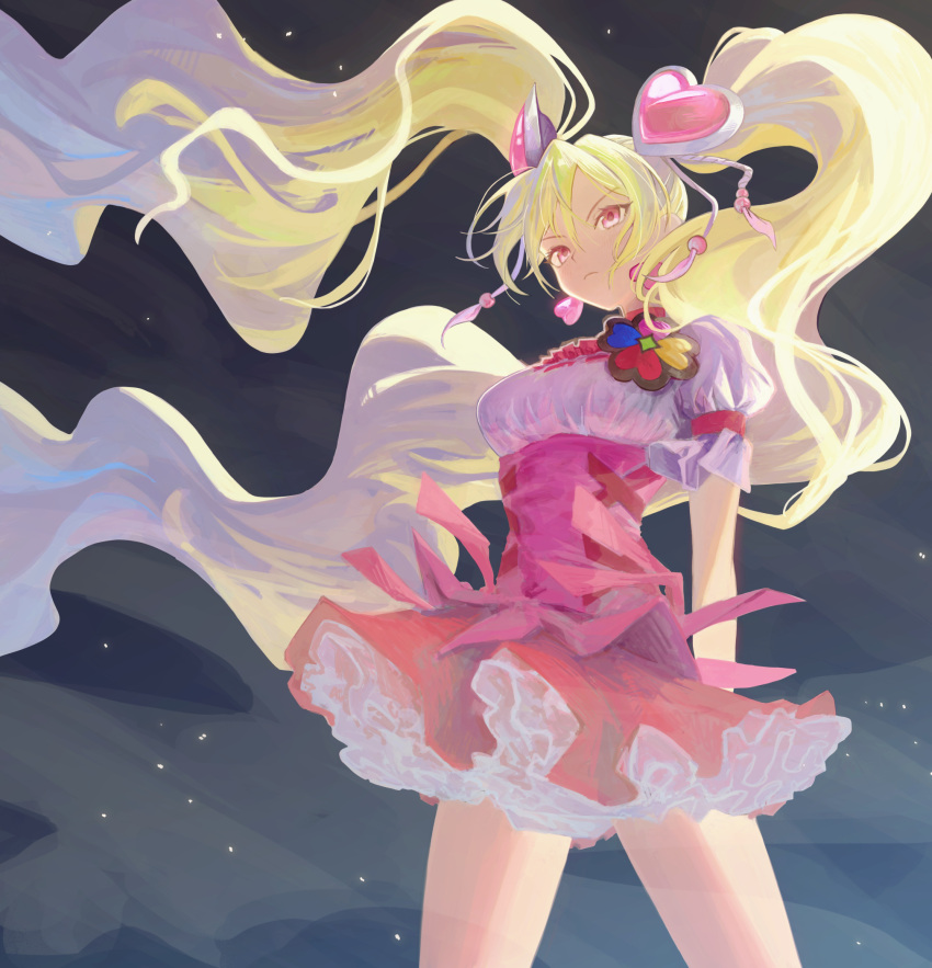 1girl arms_at_sides blonde_hair breasts cowboy_shot cure_peach determined dress earrings ffgghhjj frilled_dress frills frown hair_ornament heart heart_earrings heart_hair_ornament highres jewelry long_hair looking_at_viewer magical_girl medium_breasts night night_sky orange_eyes pink_corset pink_dress precure puffy_short_sleeves puffy_sleeves short_dress short_sleeves sky solo standing thighs twintails two-tone_dress underskirt very_long_hair