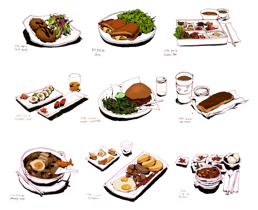 andrewkmar bento burger chopsticks commentary cup english_commentary food food_focus fork miso_soup no_humans original plate salad salt simple_background soup spoon sushi white_background