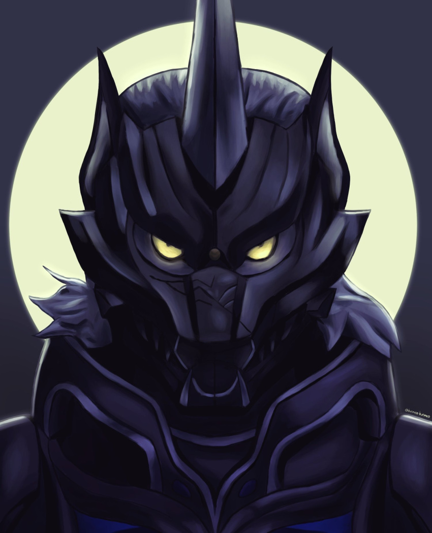 2021 anthro armor black_armor burmeoburmeo bust_portrait canid canine canis clothing dark_body dark_fur front_view full_moon fur glowing glowing_eyes hi_res horn humanoid male mammal mask moon portrait power_rangers power_rangers_wild_force solo wolf yellow_sclera zen-aku