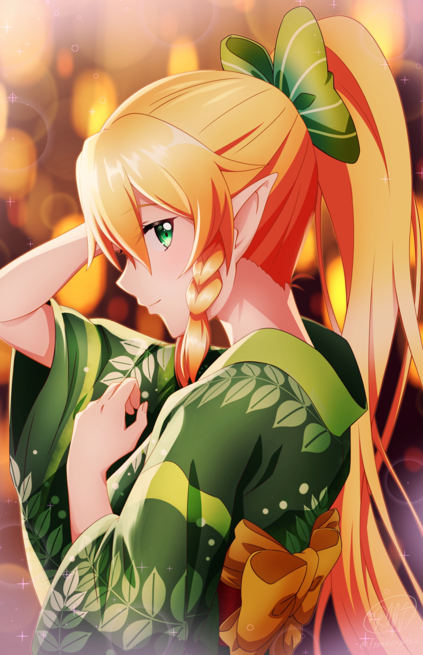 1girl alternate_costume blonde_hair blurry blurry_background bow braid closed_mouth commentary_request elf fairy_(sao) from_side green_bow green_eyes green_kimono hair_between_eyes hair_bow highres japanese_clothes ken-ji kimono leaf_print leafa long_hair looking_at_viewer looking_to_the_side pointy_ears ponytail print_kimono profile signature smile solo sword_art_online twitter_username upper_body wide_sleeves yukata