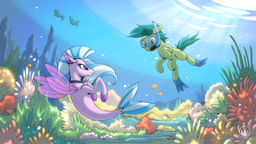 anthozoan bubble cnidarian coral coral_reef earth_pony equid equine eyewear female fish flippers friendship_is_magic goggles hasbro hi_res horse jewelry male mammal marine my_little_pony mysticalpha necklace pony sandbar_(mlp) seahorse silverstream_(mlp) snorkel syngnathid syngnathiform underwater water