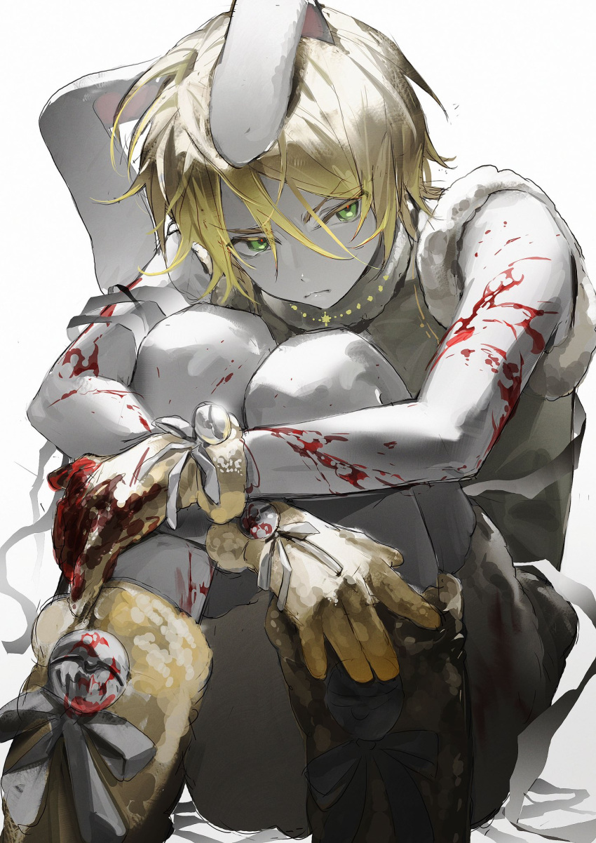 1boy animal_ears bell blonde_hair blood blood_on_arm blood_on_hands blood_on_leg boots ensemble_stars! feet_out_of_frame frown fur-trimmed_sleeves fur_boots fur_gloves fur_trim gloves green_eyes hair_between_eyes halloween_costume highres hugging_own_legs jingle_bell knee_boots knees_up kukuish looking_at_viewer loose_bandages male_focus partially_colored rabbit_boy rabbit_ears ribbon shiratori_aira_(ensemble_stars!) short_hair simple_background sitting solo white_background yellow_gloves yellow_theme