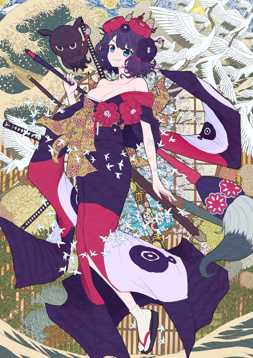 1girl absurdres bare_shoulders bird blue_eyes breasts calligraphy_brush cherry_blossoms cleavage crane_(animal) fate/grand_order fate_(series) flower giant_brush grin hair_ornament hairpin highres holding holding_paintbrush ink japanese_clothes kanagawa_okinami_ura katsushika_hokusai_(fate) kimono moria_(ruizu123456) multiple_swords nihonga octopus paintbrush purple_hair sandals short_hair smile socks solo ukiyo-e water waves white_bird white_socks