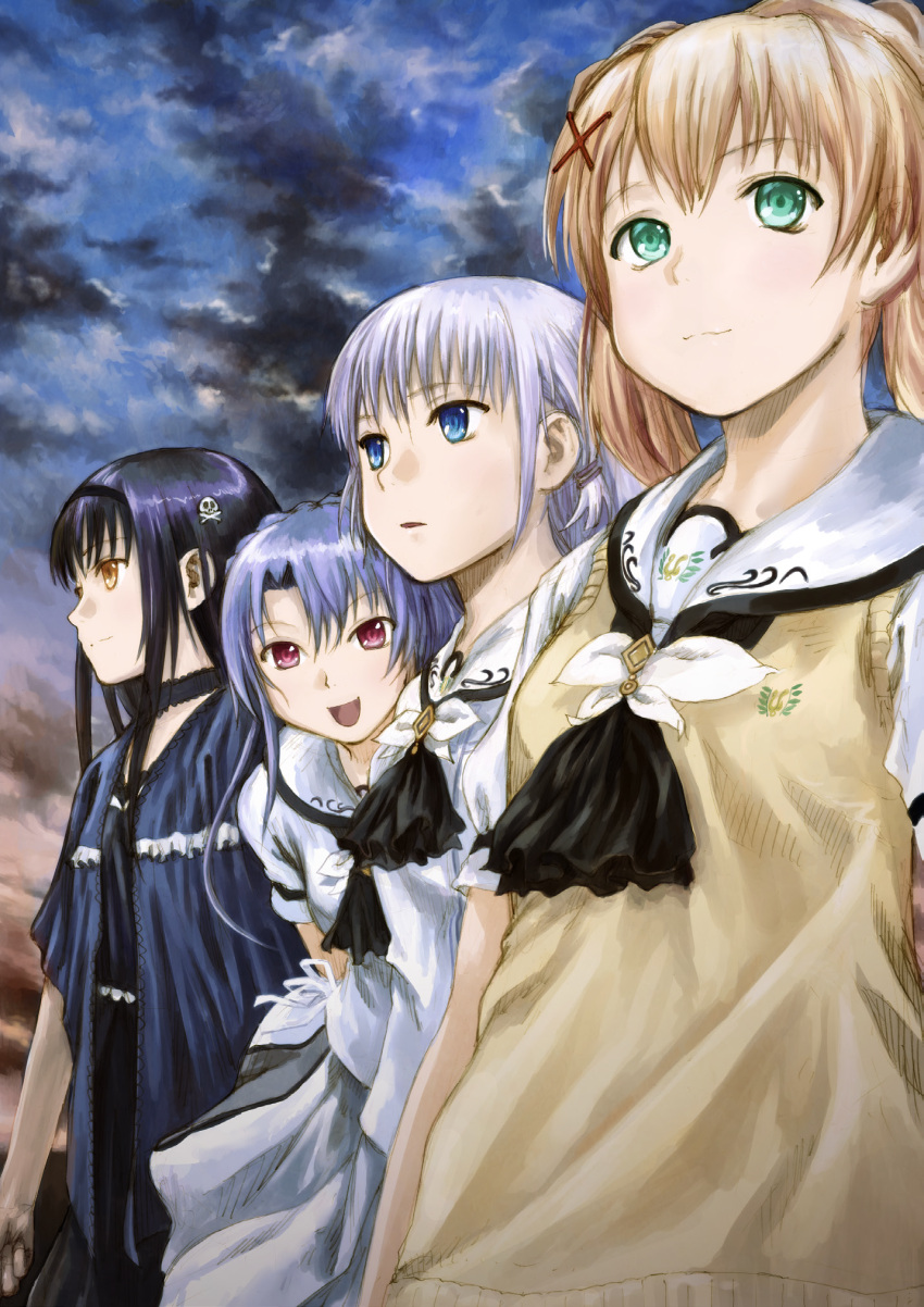 4girls :d abe_yoshitoshi arm_at_side ascot black_ascot black_choker black_hair black_hairband black_shirt black_skirt blonde_hair blue_capelet blue_eyes bone_hair_ornament braid capelet choker closed_mouth cloud cloudy_sky crown_braid dusk frilled_capelet frilled_choker frills green_eyes hair_between_eyes hair_intakes hair_ornament hairband highres kushima_kamome long_hair looking_afar looking_at_viewer multiple_girls naruse_shiroha non-web_source nose open_mouth outdoors parted_lips profile red_eyes ribbon sailor_collar school_uniform shirt skirt skull_and_crossbones skull_hair_ornament sky smile sorakado_ao straight_hair summer_pockets sweater_vest tareme tsumugi_wenders twintails upper_body white_hair white_ribbon white_sailor_collar white_shirt white_skirt x_hair_ornament yellow_eyes yellow_sweater_vest