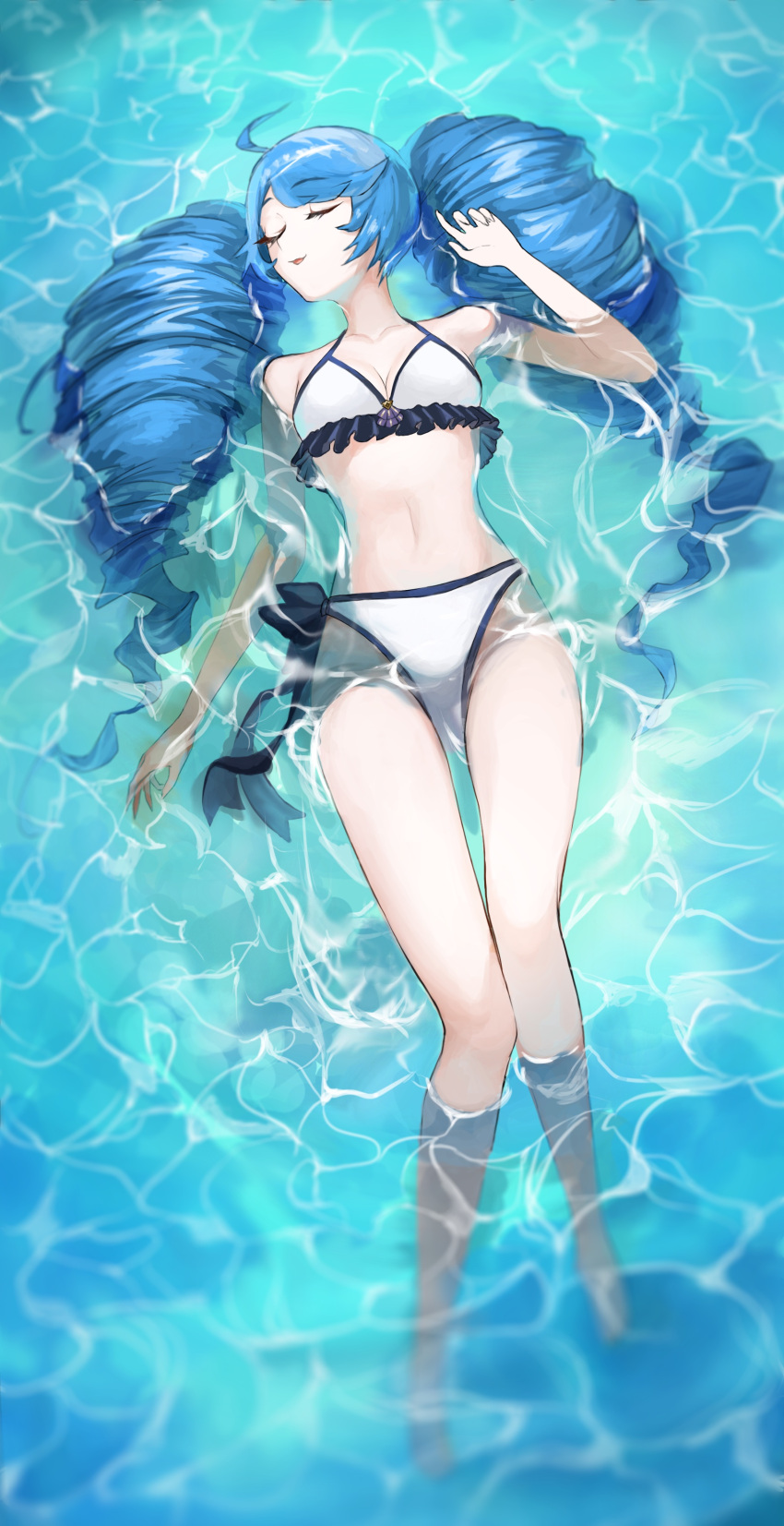 1girl absurdres ahoge alternate_costume bikini blue_hair breasts cleavage closed_eyes drill_hair gwen_(league_of_legends) hand_up highres league_of_legends lying medium_breasts navel on_back rayn87250715 small_breasts smile solo stomach swept_bangs swimsuit twin_drills twintails white_bikini