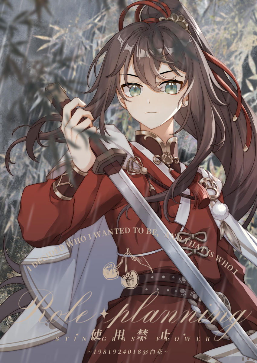 1boy absurdres baihua_er bamboo bamboo_forest black_hair cape forest green_eyes highres holding holding_sword holding_weapon jacket jian_(weapon) long_hair looking_at_viewer nature original ponytail rain red_jacket solo sword upper_body v-shaped_eyebrows watermark weapon white_cape