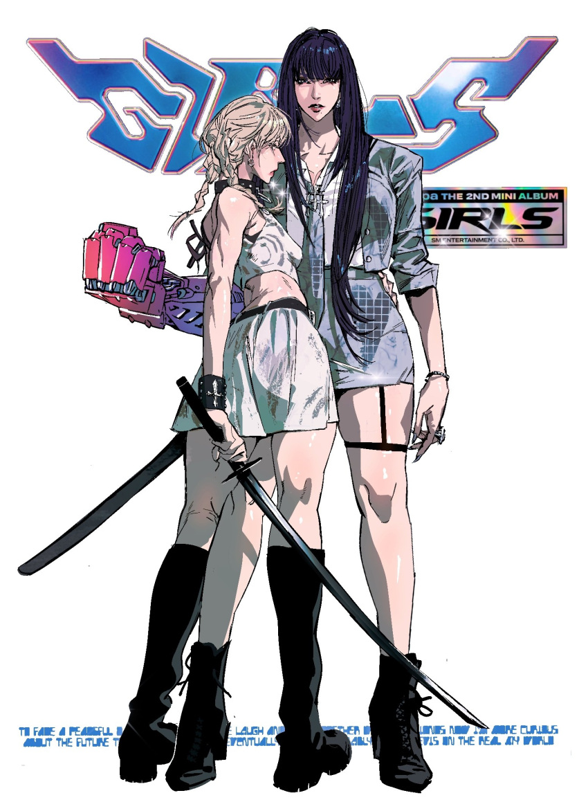 2girls aespa belt black_belt black_collar black_footwear black_hair blonde_hair blunt_bangs boots bracelet braid breasts brown_eyes clenched_hand collar collarbone cropped_shirt earrings frown garter_straps grey_jacket grey_necktie grey_shirt grey_skirt highres holding holding_sword holding_weapon jacket jewelry k-pop karina_(aespa) katana long_hair looking_back mechanical_arms medium_breasts mole mole_under_mouth multiple_girls necktie parted_lips real_life ring sheath shirt single_mechanical_arm skirt sleeveless sleeveless_shirt small_breasts song_name straight-on studded_collar sword thigh_strap twin_braids very_long_hair weapon white_background winter_(aespa) xinanfang217