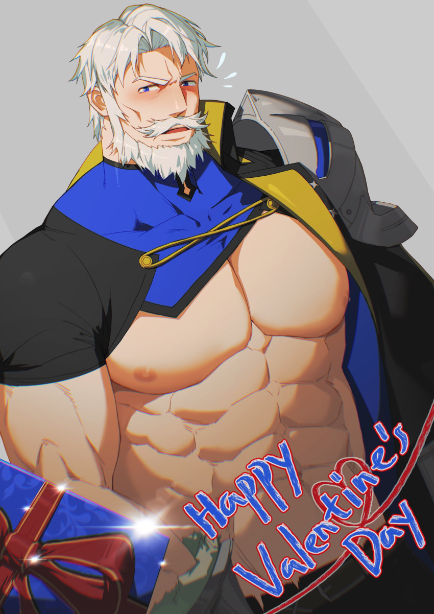 1boy abs absurdres armor bara beard blue_eyes blush box box_of_chocolates facial_hair fire_emblem fire_emblem_engage grey_hair happy_valentine highres holding holding_box large_pectorals male_focus mature_male muscular muscular_male navel nipples open_mouth pauldrons pectorals short_hair shoulder_armor single_pauldron vander_(fire_emblem) white_hair zhuganchangjiadan