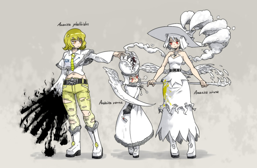 3girls anger_vein belt blonde_hair boots breasts character_name closed_mouth coat crop_top dress full_body grey_background hat holding holding_scythe holding_weapon living_hair multiple_girls mushroom_girl navel necktie original oso_(toolate) pants prehensile_hair red_eyes scythe short_hair simple_background standing sweat teeth torn_clothes torn_pants weapon white_coat white_dress white_footwear white_headwear white_wings wings yellow_pants