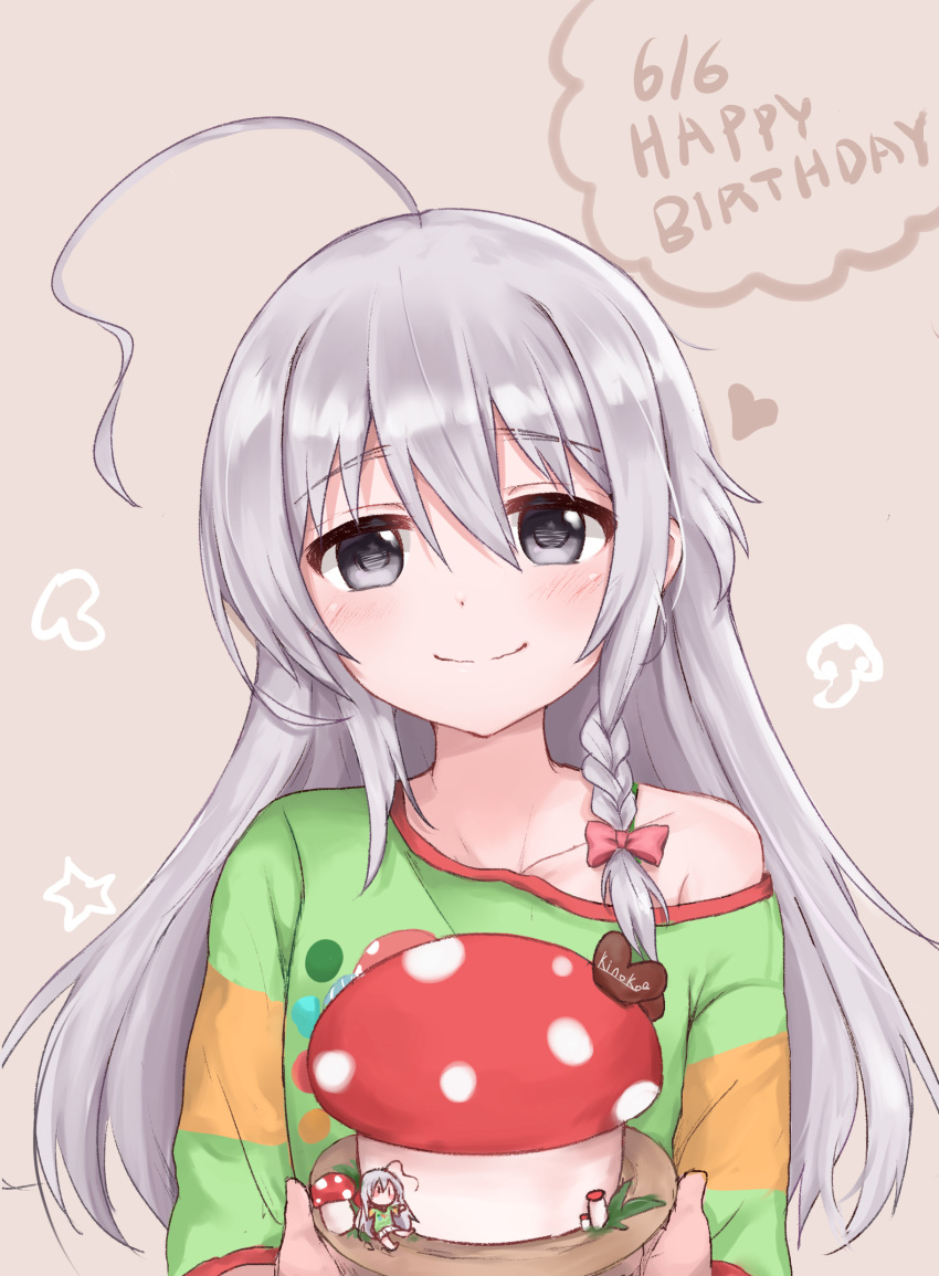 1girl absurdres ahoge blush bow braid collarbone dated food_print green_shirt grey_hair hair_bow happy_birthday heart highres hoshi_syoko huge_ahoge idolmaster idolmaster_cinderella_girls juichi long_hair looking_at_viewer mushroom mushroom_print shirt single_bare_shoulder single_braid smile solo upper_body very_long_hair