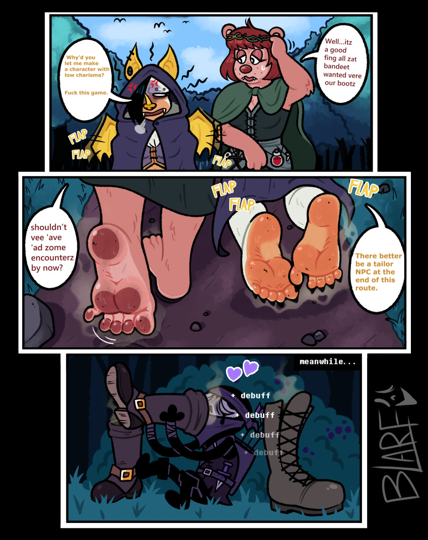 &lt;3 2023 5_toes absurd_res barefoot bat bear black_hair blarf022 blarf_(blarf022) boots brown_body brown_fur brown_hair cape claws cloak clothing comic cross-popping_vein dirty_feet duo_focus english_text feet female female_focus flying foot_focus footwear forest french_accent fur gameplay_mechanics group hair hi_res honduran_white_bat humanoid humanoid_feet humor imp leaf-nosed_bat male mammal membrane_(anatomy) membranous_wings microbat musk musk_fetish pawpads plant plantigrade sherry_bear_(blarf022) shoe_sniffing smelly smelly_feet sniffing soles stink_fumes text toe_claws toes tree vranda_von_bat_(blarf022) walking white_body white_fur wings yangochiropteran yellow_ears yellow_wings