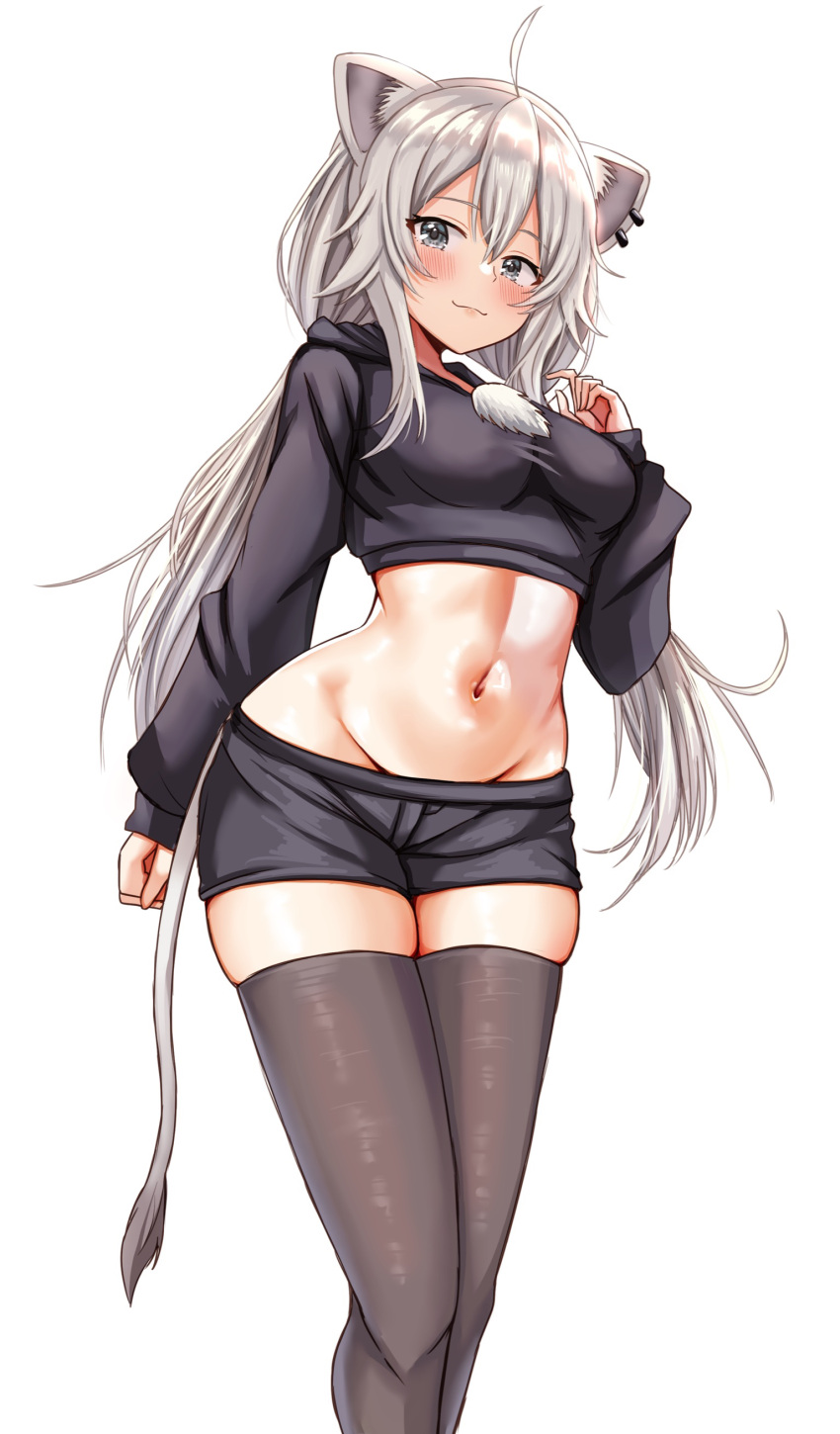1girl absurdres ahoge animal_ears black_hoodie black_shorts black_thighhighs blush breasts commentary cropped_hoodie ear_piercing grey_eyes grey_hair highres hololive hood hoodie large_breasts lion_ears lion_girl lion_tail long_hair looking_at_viewer midriff navel nootomo piercing shishiro_botan shorts smile solo tail thighhighs virtual_youtuber