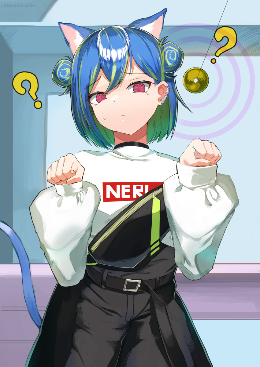 1girl ? @_@ absurdres animal_ears belt black_belt black_shorts blue_hair cat_ears cat_girl cat_tail coin coin_on_string commentary_request cowboy_shot double_bun earclip green_hair hair_between_eyes hair_bun high-waist_shorts highres holed_coin hypnosis kemonomimi_mode long_sleeves looking_at_viewer medium_bangs mind_control mole mole_under_eye multicolored_hair nanashi_inc. official_alternate_costume open_mouth paw_pose pendulum pink_eyes shiranui_enki short_hair shorts single_strap solo suzumi_nemo suzumi_nemo_(2nd_costume) sweater tail two-tone_hair virtual_youtuber white_sweater