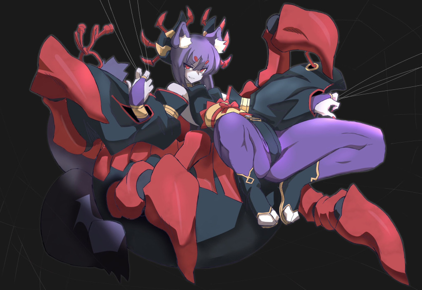 1girl animal_ears arthropod_limbs black_footwear detached_sleeves evil_smile full_body hair_ornament highres looking_at_viewer masa_masashi original pantyhose puffy_sleeves purple_hair red_eyes red_nails short_hair silk smile solo spider_web thighs