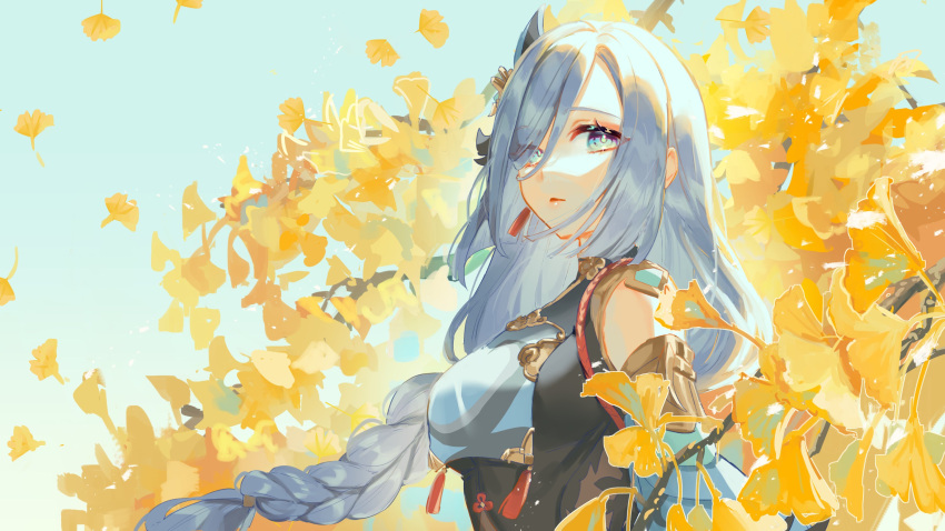 1girl absurdres aqua_eyes braid chinese_clothes earrings genshin_impact ginkgo_leaf ginkgo_tree green_background grey_hair harushio highres jewelry leaf long_hair low_ponytail parted_lips shenhe_(genshin_impact) solo tassel tassel_earrings