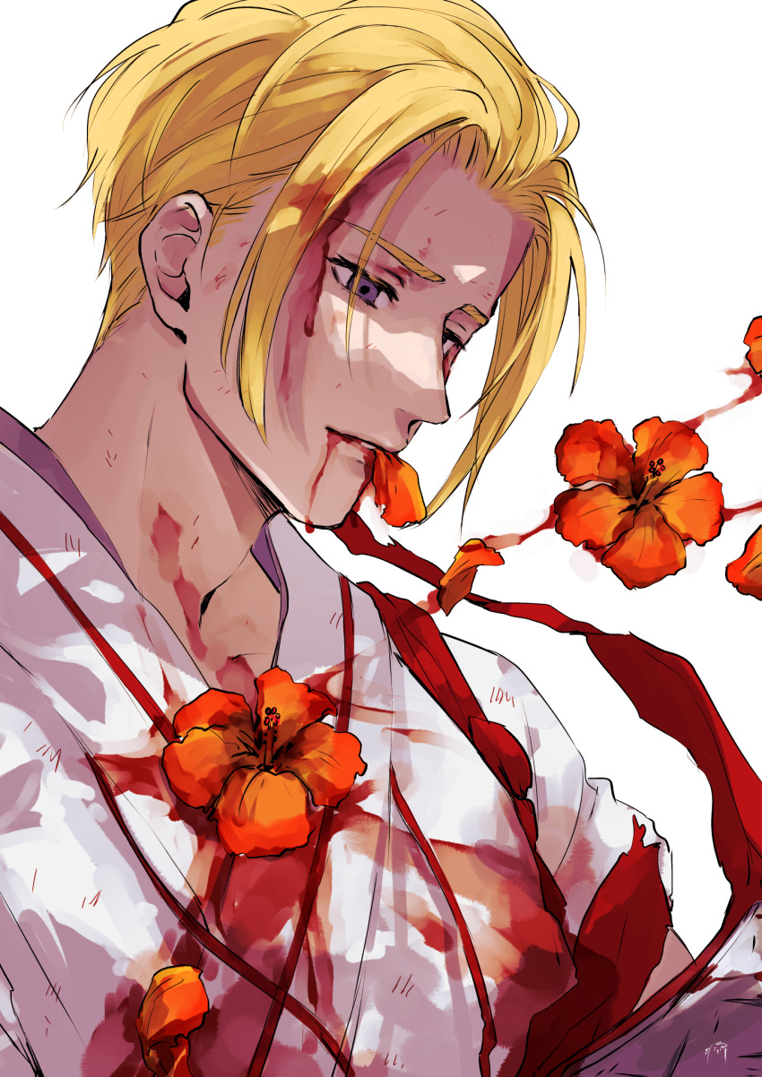 1boy blonde_hair blood blood_from_mouth blood_on_clothes blood_on_face dying flower highres jigokuraku looking_down orange_flower robe shiroabe short_hair sidelocks simple_background solo white_background white_robe yamada_asaemon_tensa