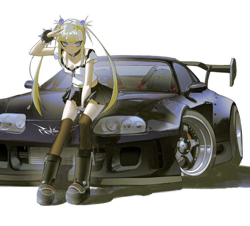 1girl black_collar black_footwear black_thighhighs blue_eyes boots bracelet breasts car cleavage collar collarbone expressionless hair_ornament highres jewelry leaning_forward looking_at_viewer medium_breasts miniskirt motor_vehicle on_vehicle original shading_eyes shadow simple_background sitting skirt solo spiked_bracelet spikes spoiler_(automobile) sports_car star_(symbol) star_hair_ornament thighhighs toyota toyota_supra toyota_supra_mk_iv twintails vehicle_focus vinne white_background
