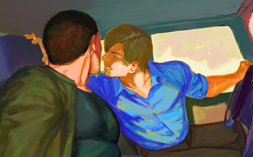123456dyom 2boys absurdres bara black_hair black_pants black_shirt blue_shirt brown_hair chris_redfield closed_eyes collared_shirt facial_hair green_jacket highres imminent_kiss jacket large_pectorals leon_s._kennedy male_focus mature_male multiple_boys muscular muscular_male open_clothes open_jacket painterly pants pectorals resident_evil resident_evil_6 shirt short_hair smile sparse_stubble yaoi