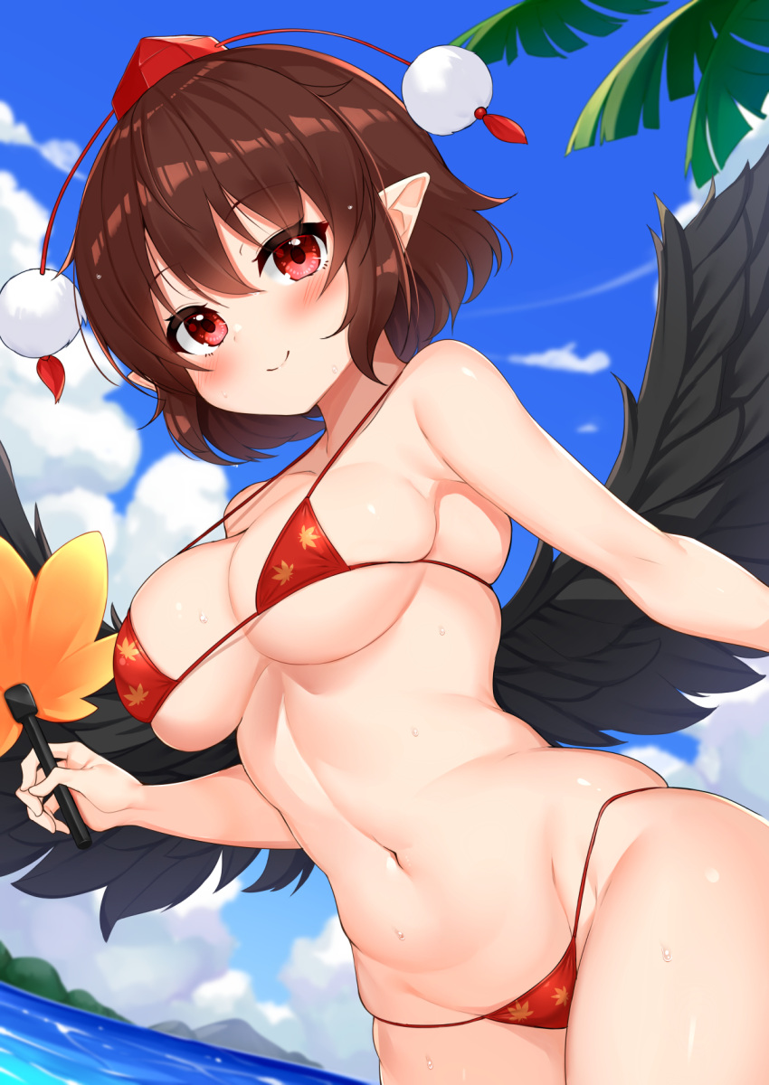 1girl bikini bird_wings black_wings blue_sky blush breasts brown_hair cleavage closed_mouth cloud daichi_(tokoya) groin hand_fan hat hauchiwa highres holding holding_fan large_breasts looking_at_viewer micro_bikini navel outdoors pointy_ears pom_pom_(clothes) red_bikini red_eyes red_headwear shameimaru_aya short_hair sky smile solo swimsuit tokin_hat touhou wings