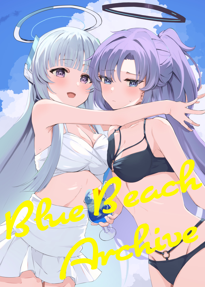 2girls :d absurdres alternate_costume arms_around_neck bare_shoulders bikini bikini_skirt black_bikini black_halo blue_archive blue_sky blunt_bangs blush breast_on_breast breast_press breasts cleavage closed_mouth cloud cloudy_sky cocktail cocktail_glass commentary_request copyright_name cowboy_shot cup day drink drinking_glass drinking_straw embarrassed english_text foreground_text hair_intakes hair_over_shoulder half-closed_eyes halo headgear highres holding holding_cup hug ice ice_cube kumoi_sora long_hair looking_at_viewer mechanical_halo medium_breasts multiple_girls navel noa_(blue_archive) o-ring o-ring_bikini o-ring_bottom o-ring_top open_mouth parted_bangs ponytail purple_eyes purple_hair sidelocks sky smile swept_bangs swimsuit symmetrical_docking very_long_hair white_bikini white_hair white_halo yuuka_(blue_archive)